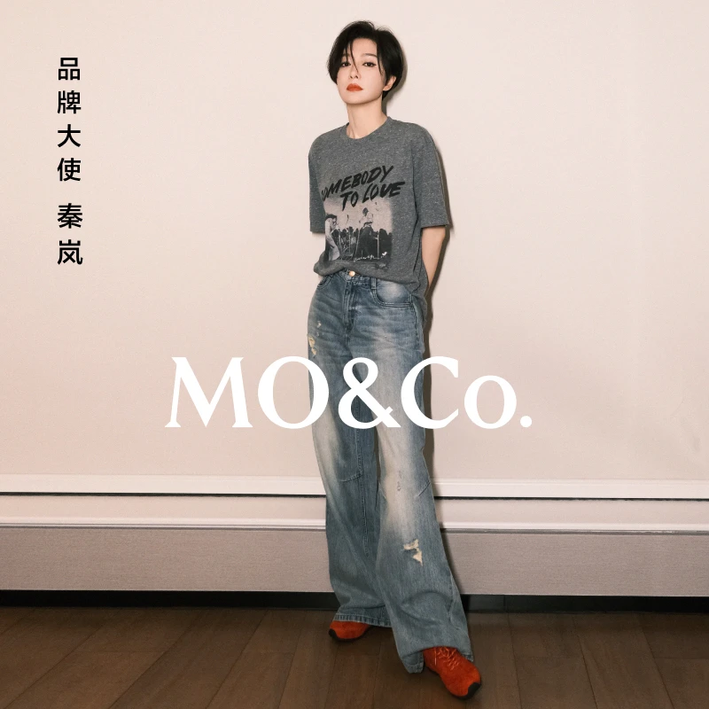 MOCO牛仔裤2025春新品棉质中腰复古洗水烂边阔腿裤长裤MBE1JENT08