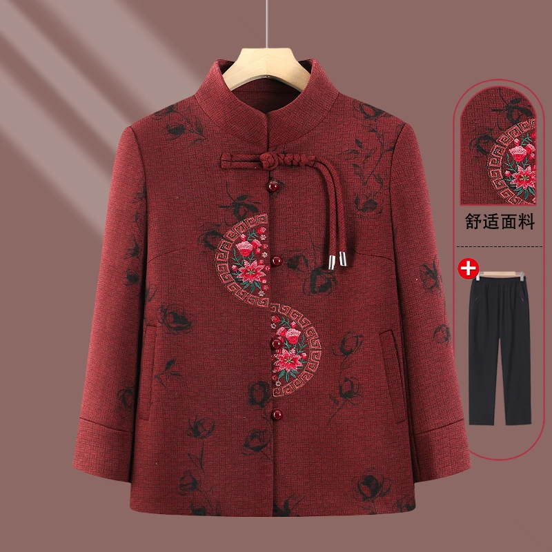 奶奶春装新款外套中老年人立领绣花上衣女洋气妈妈唐装老太太衣服