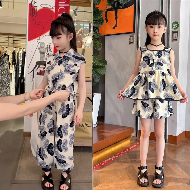 女童无袖套装夏季2025新款时尚洋气无袖雪纺碎花衬衣阔腿裤两件套