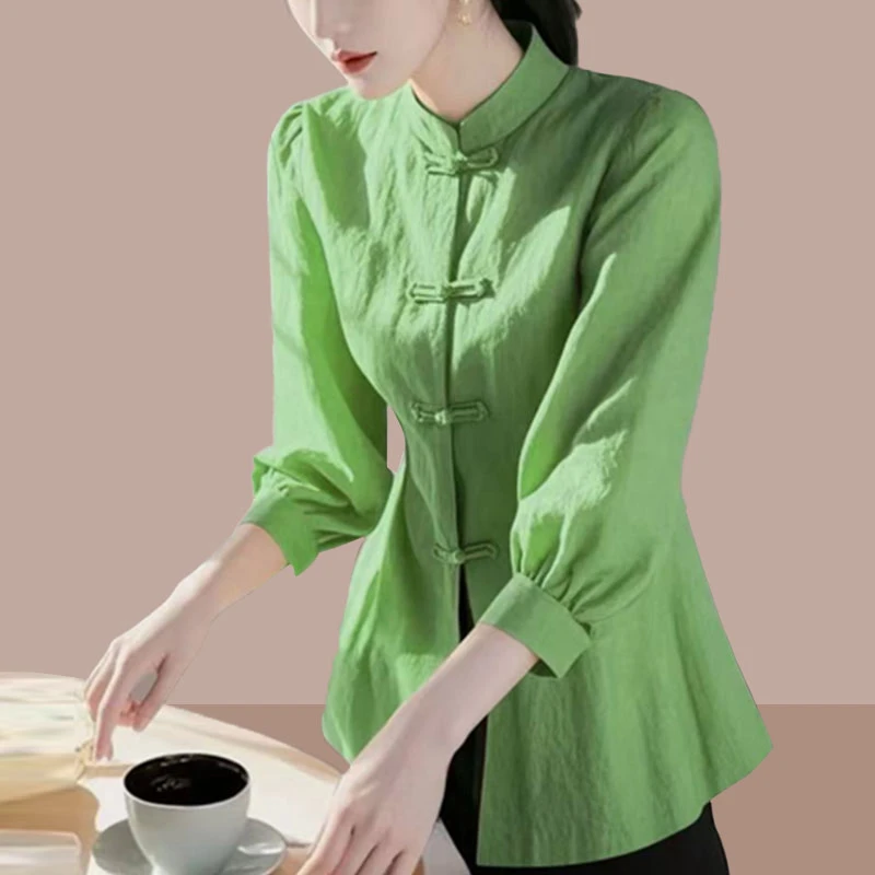 2025春秋季新款新中式长袖衬衫女士百搭时尚上衣爆款显瘦盘扣衬衣