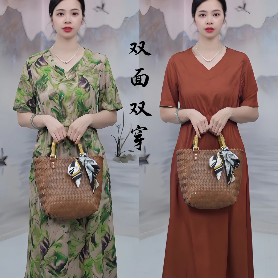 2578  双面双面高级感绿色V领系带显瘦女装连衣裙