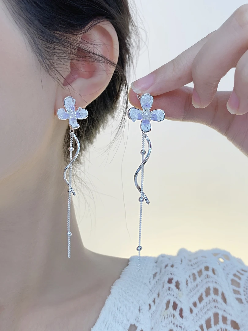 铜合金耳饰 H699紫色水晶花朵耳钉流苏气质无耳洞蚊香盘耳夹耳饰