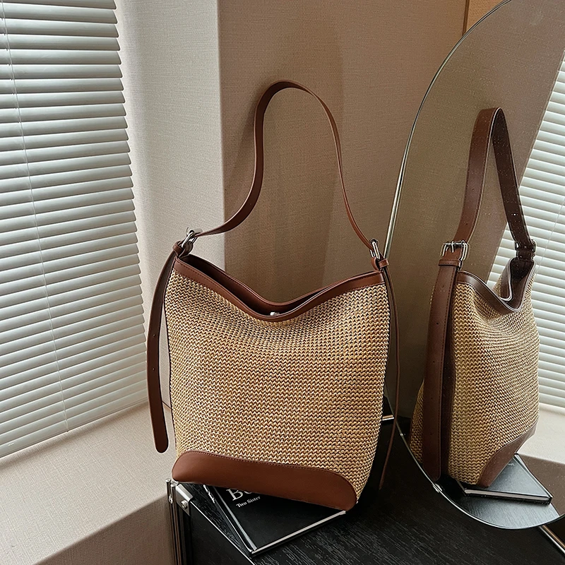 2025新品网红撞色高级感度假风通勤大容量托特包拉菲草草编单肩包