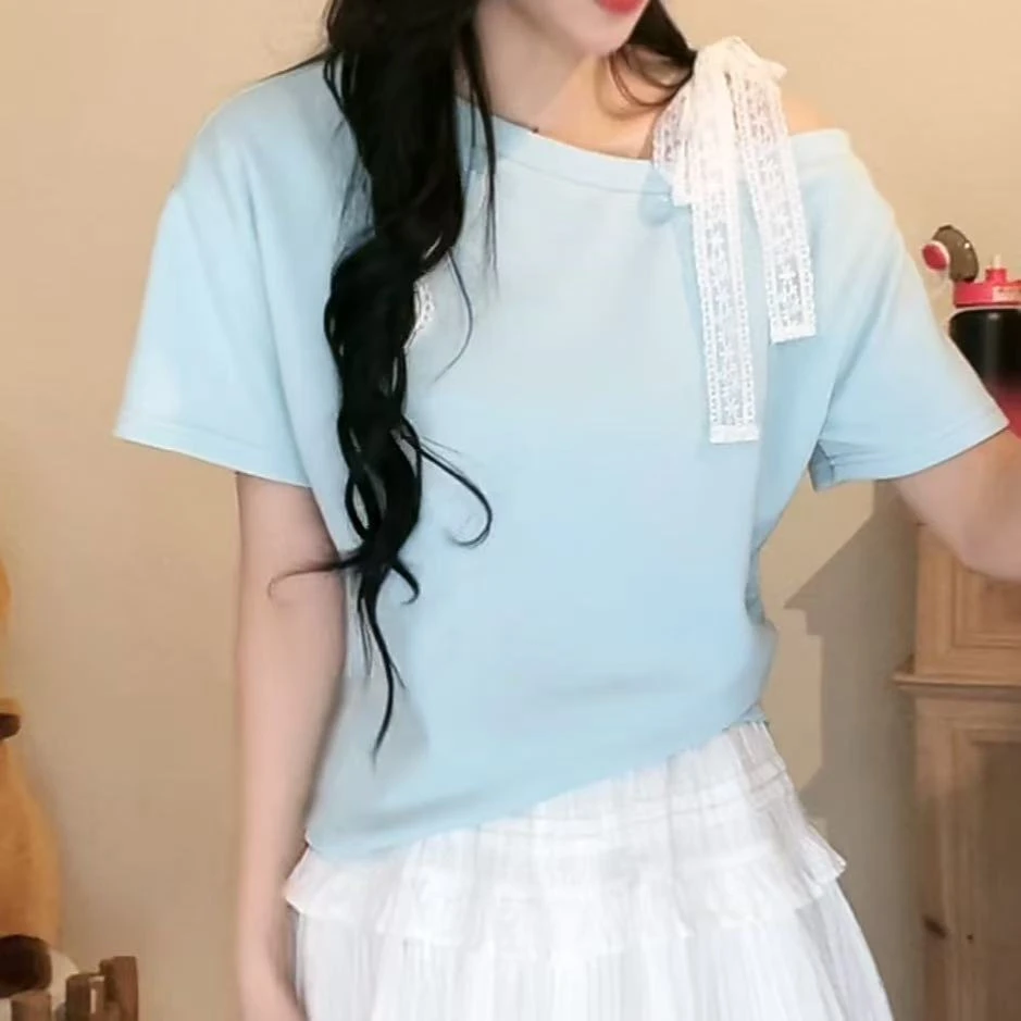 设计感拼接蕾丝斜肩短袖T恤女2025夏季新款休闲时尚显瘦减龄上衣