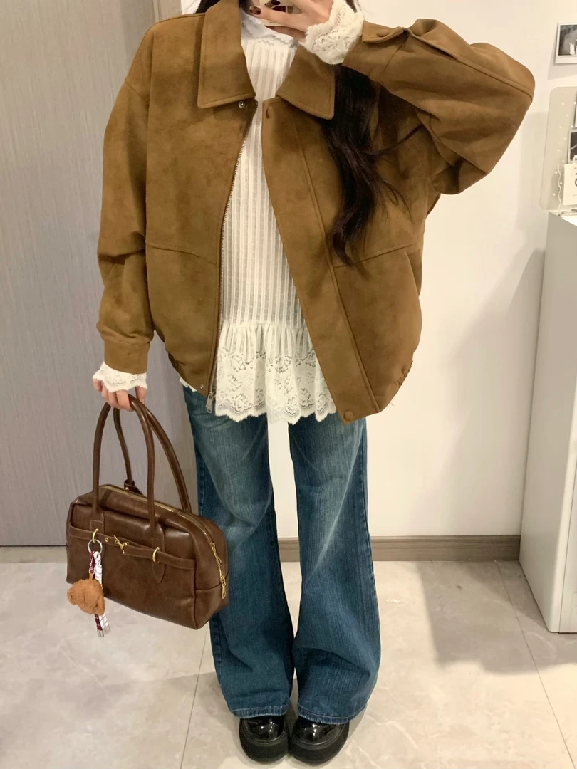 美式复古棕色夹克外套女秋冬2025新款早秋韩系穿搭小个子短款上衣