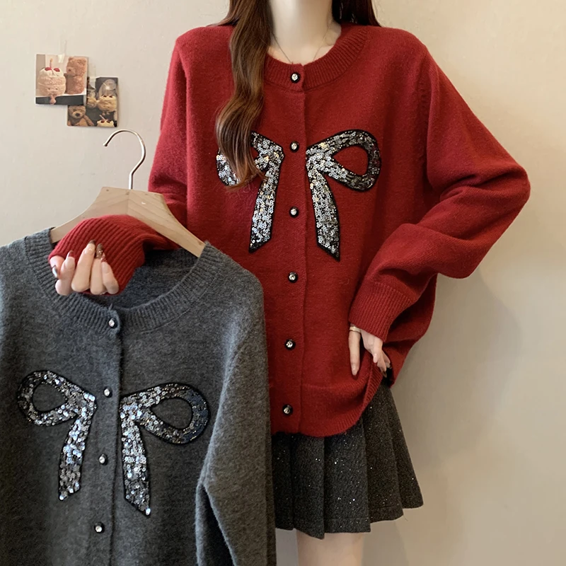 JJ71837春秋新款胖mm大码露丝同款亮片蝴蝶结装饰加厚毛织开衫