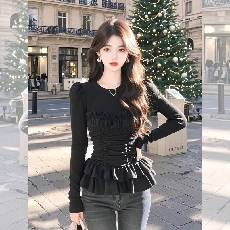 大码春季新款高级感花边拼接小众抽褶设计收腰黑色打底上衣8326