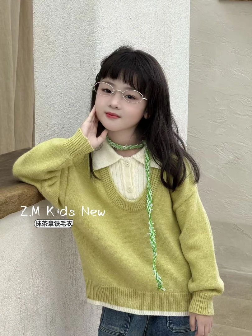 【抹茶拿铁】2025秋冬女童翻领假两件毛衣撞色套头针织上衣Q-376001