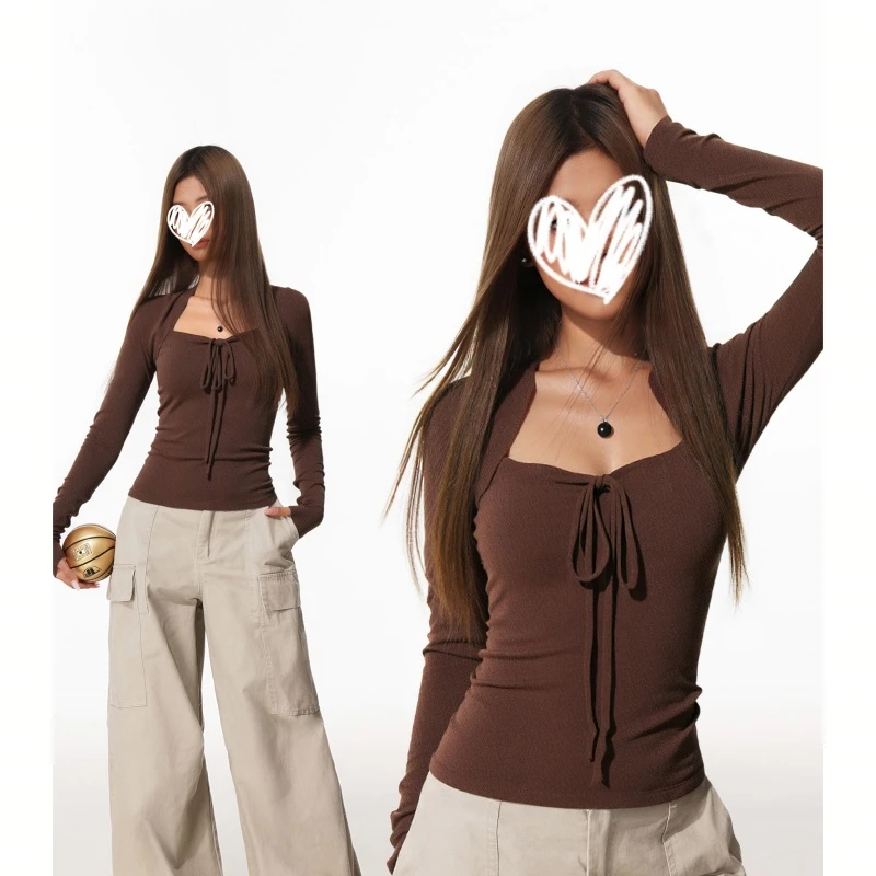 秋季新款美式复古气质小众高级设计感长袖T恤修身显瘦纯欲上衣潮