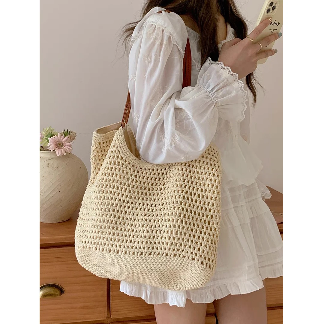 文艺森系手工编织大容量包包外出旅游轻便镂空草编包网纹托特包