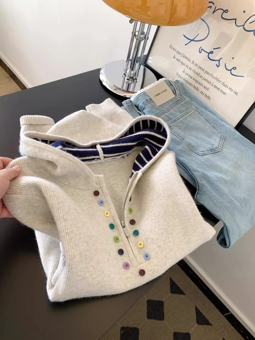 韩系时尚慵懒风软糯连帽针织上衣女2025秋冬新款百搭宽松减龄毛衣