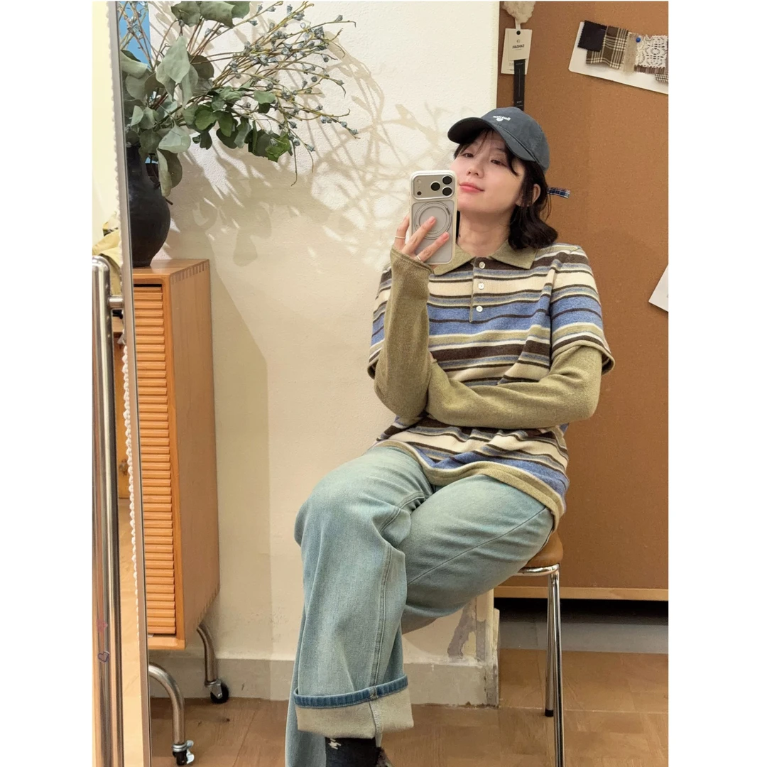 SANSAN miu系100全羊毛polo领假两件针织毛衣