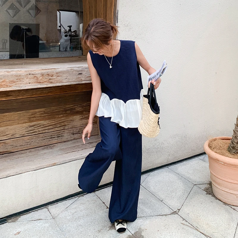 荷叶边撞色拼接背心马甲套装女2025新款高腰直筒宽松阔腿裤两件套