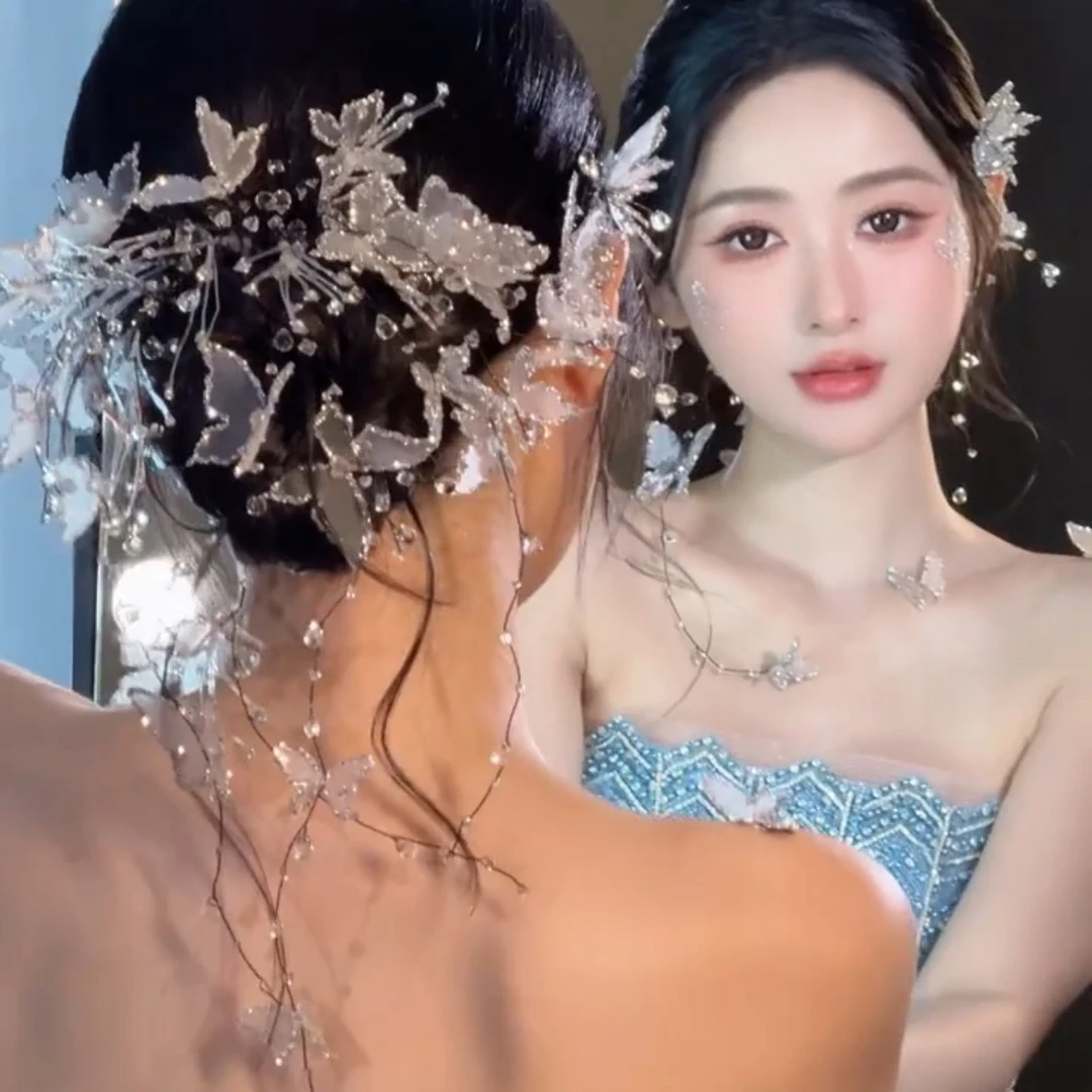 新娘头饰婚纱礼服结婚发饰韩式2025新款后压流苏头饰新娘蝴蝶头饰