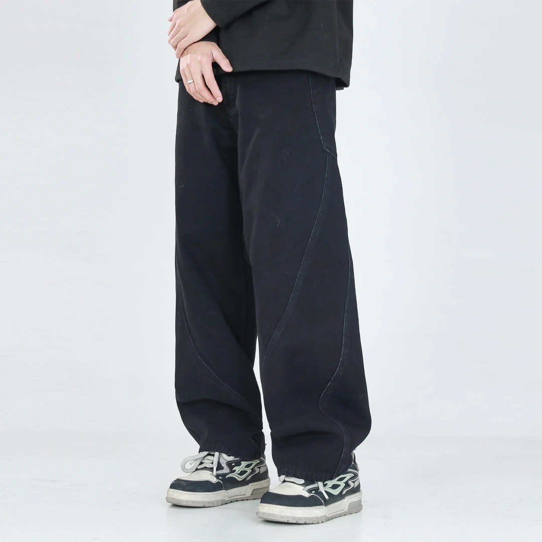 聪明陈 廓形弯刀裤宽松直筒休闲裤复古街头百搭工装裤子40187