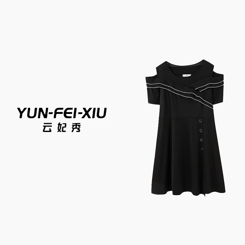 云妃秀大码女装连衣裙时尚休闲气质圆领露肩显瘦宽松胖妹妹夏6105