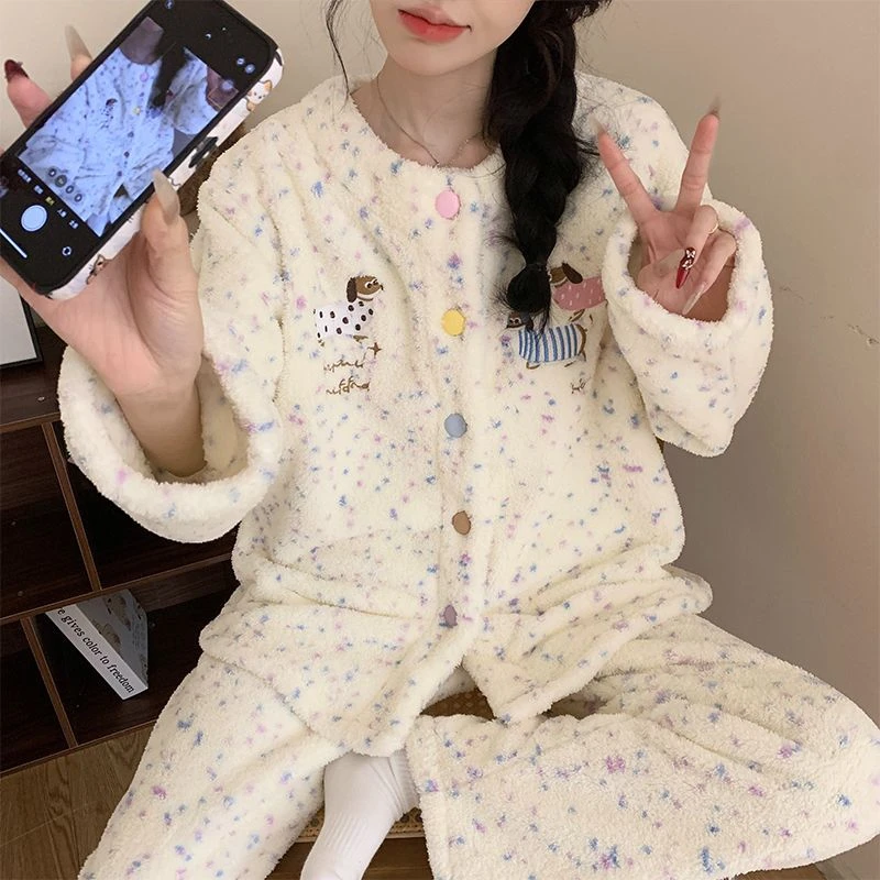 半边绒睡衣女款秋冬季加绒加厚可爱腊肠狗刺绣卡通保暖家居服套装