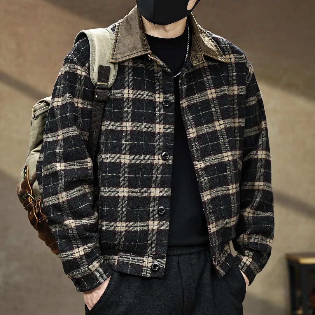 高端美式绒面绵羊毛混纺色织短款外套男秋冬复古拼接休闲格子夹克