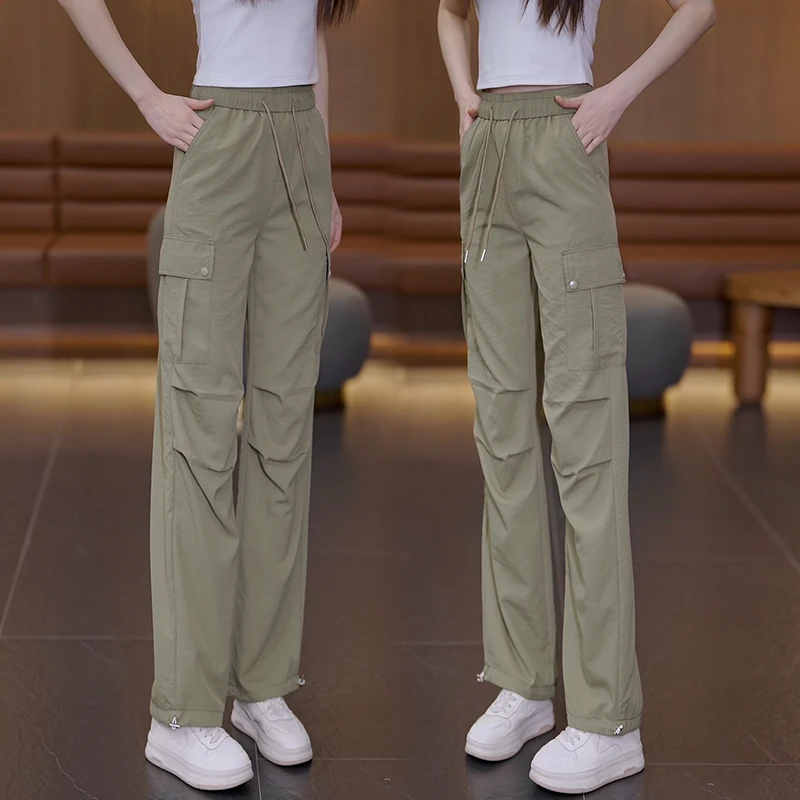 军绿色夏季薄款工装裤女2025年新款松紧高腰显瘦垂感休闲阔腿裤子