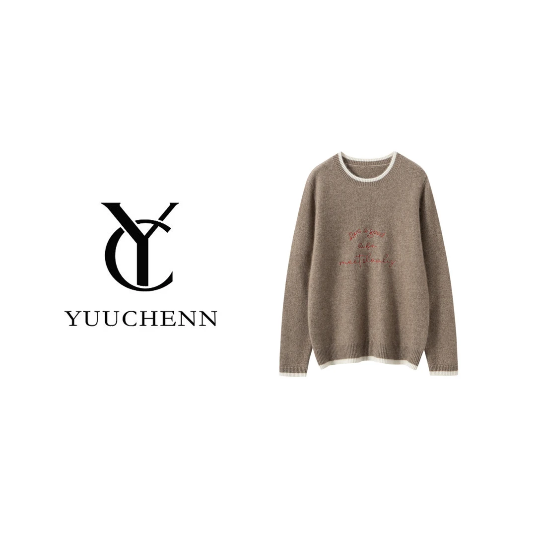 YUUCHENN羊绒拼色刺绣七针圆领5005