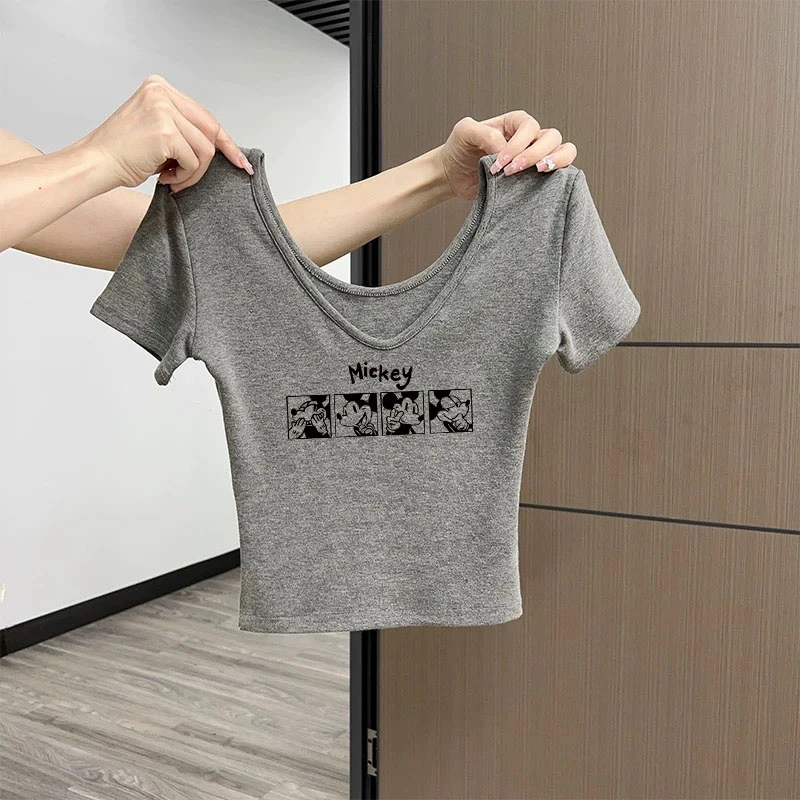 超短t恤女款灰色夏季露锁骨前后两穿正肩上衣大领口纯欲V领修身