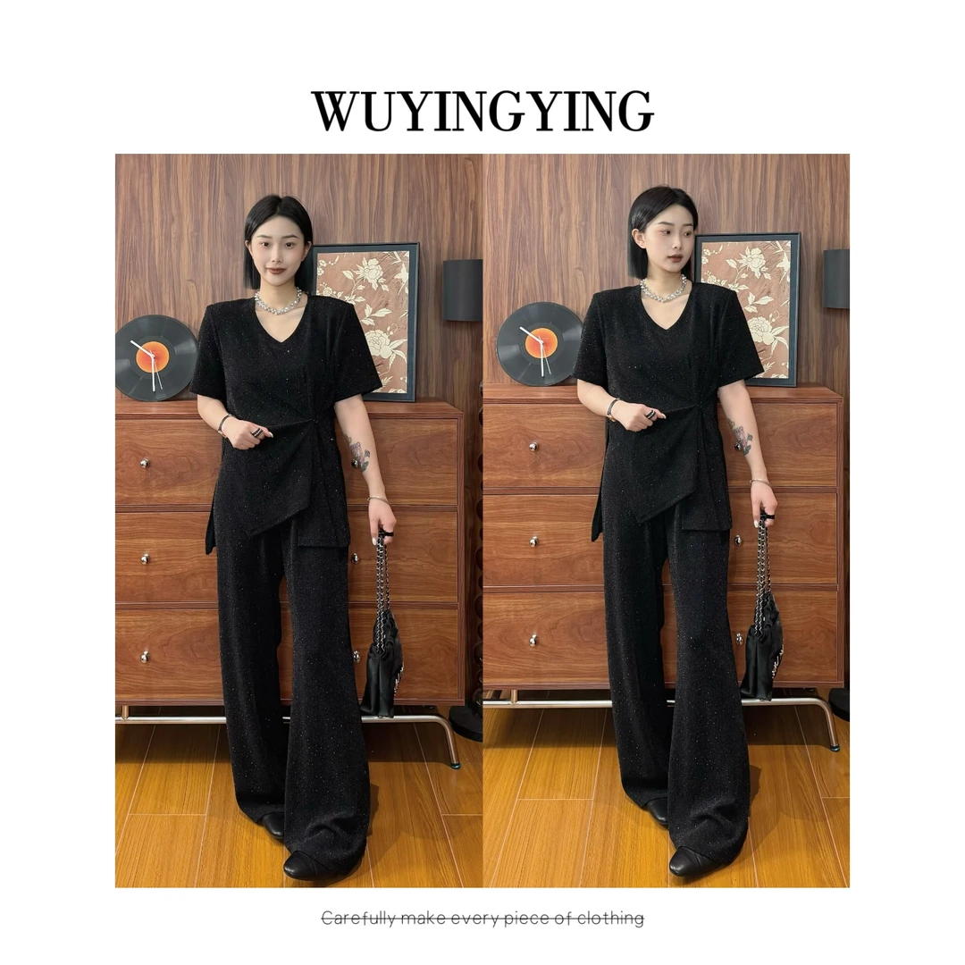 WUYINGYING【满目星辰】欧货高品重工亮丝烫钻设计T恤+裤子套装