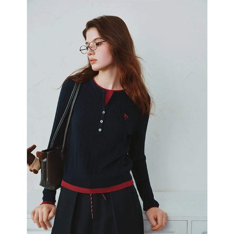 范思蓝恩趣味刺绣撞色绞花针织衫秋2025新款长袖上衣25FS13297