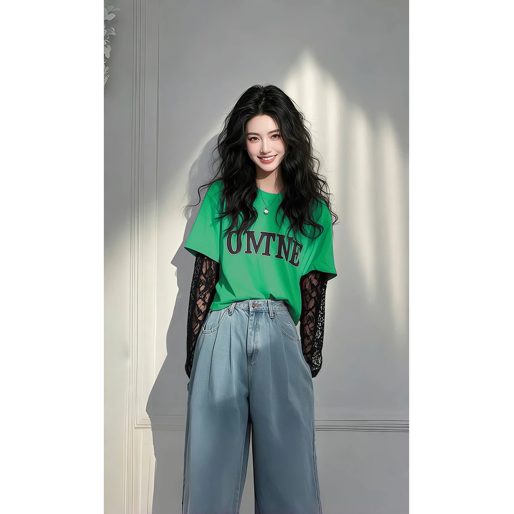 2025新款爆款设计感韩系假两件上衣绿色蕾丝拼袖长袖t恤女春季