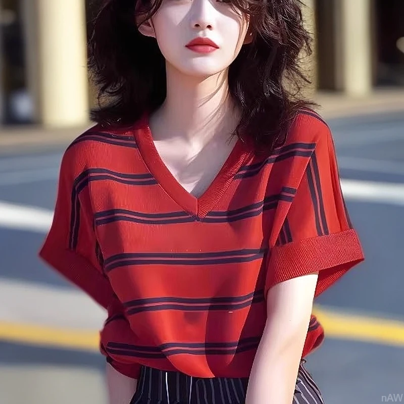 独特别致小衫撞色条纹针织衫女款2025夏季新款百搭气质显瘦上衣潮