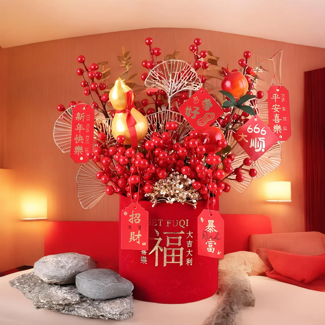 葫芦石榴【插好发货】年货新春新年红果福桶多子多福满满创意高端