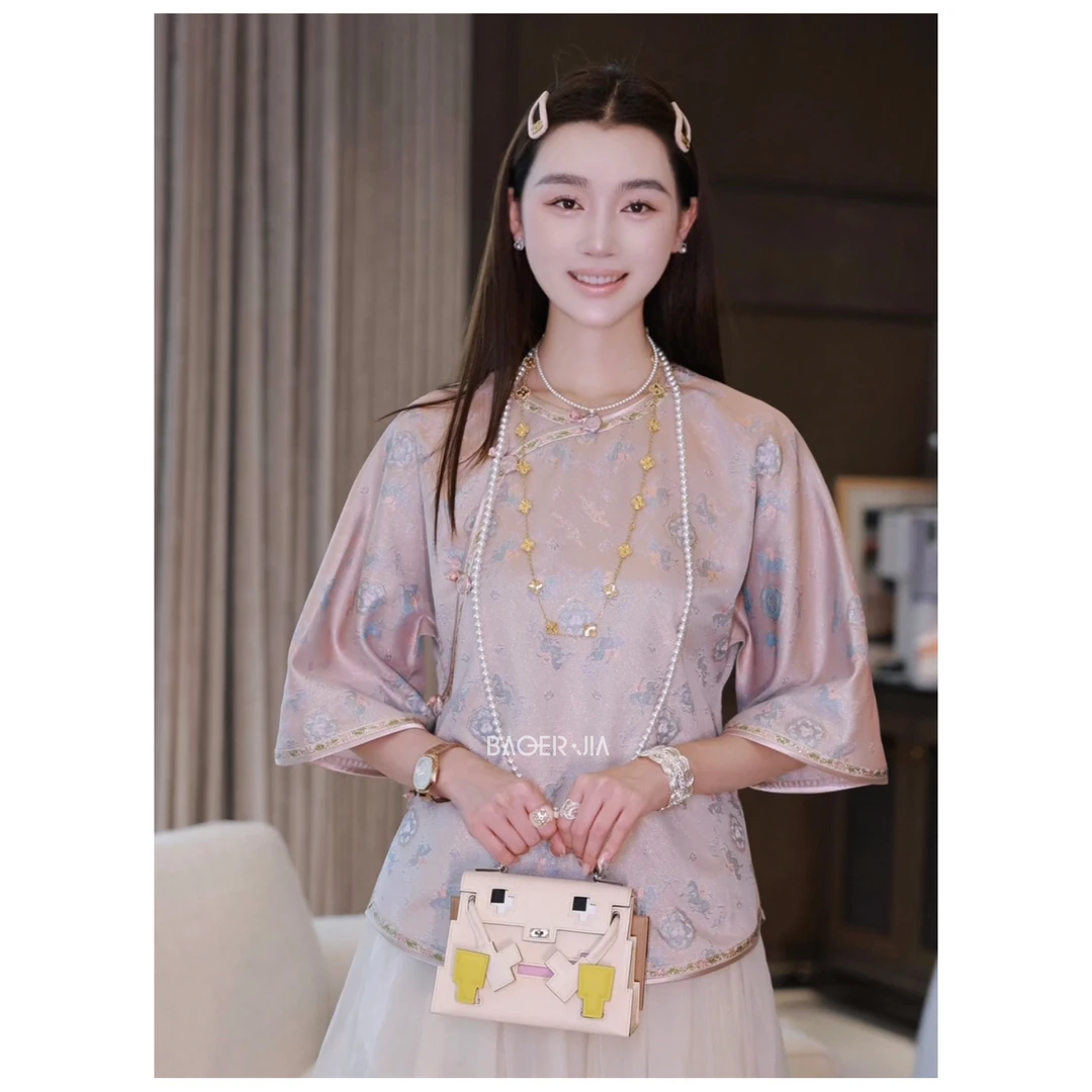 6-【金鱼海藻】宝儿家含幂BK98125204夏季国风异色罗宝相花团纹上衣