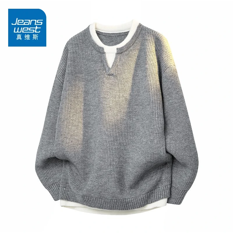 真维斯假两件拼色毛衣2025新款纯色毛线衣青年慵懒风针织衫秋冬季
