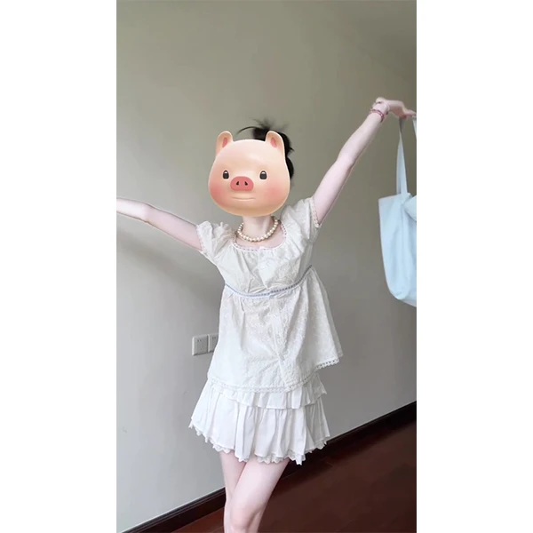 法式衬衫女2025白色蕾丝拼接小个子短袖别致漂亮短款上衣裙子套装