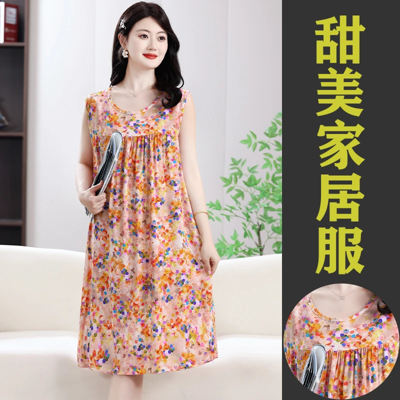 棉绸睡裙女2025新款夏妈妈睡衣中长款无袖连衣裙人造棉家居服薄款