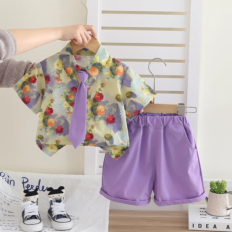 男宝宝夏装套装洋气男童夏季薄款短袖花衬衫三件套韩版婴儿小童装