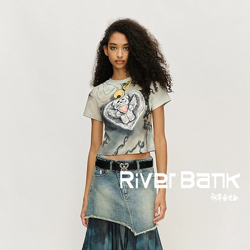 河岸家FORDARE福蝶仿洗水晕染休闲做旧小熊挂件T恤短袖25春夏