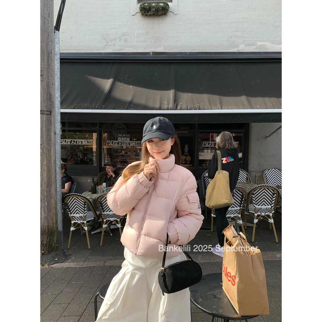 粉色立领羽绒服外套女短款2025冬季宽松棉衣加厚保暖白鸭绒面包服