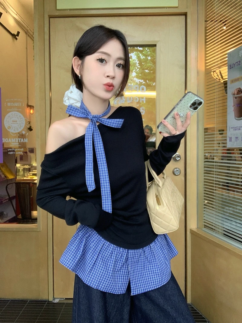 气质小众假两件露肩格子拼接长袖T恤女秋季别致chic修身显瘦上衣