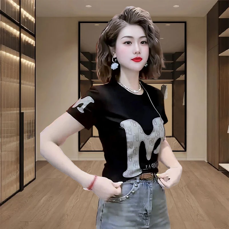 欧货棉短袖T恤夏季新款时尚字母印花圆领修身高级感减龄上衣服女