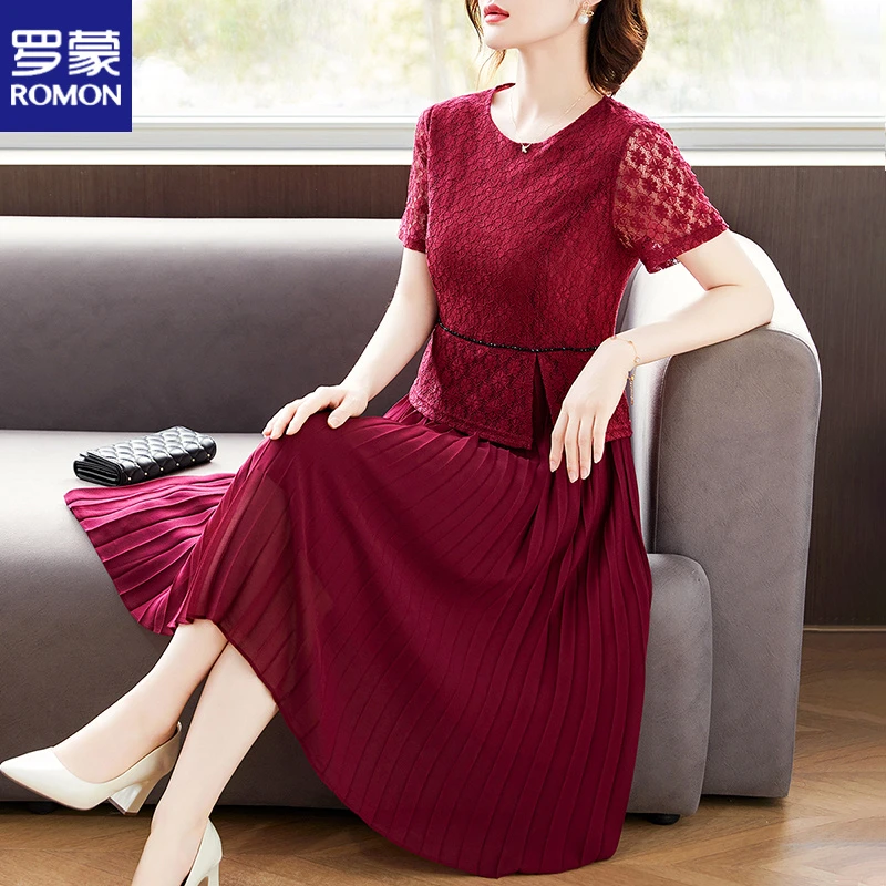 罗蒙妈妈装夏装短袖连衣裙喜婆婆婚宴礼服中老年女夏季红色长裙子