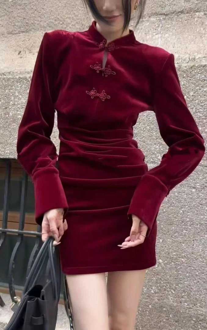 6543款加绒新中式旗袍裙