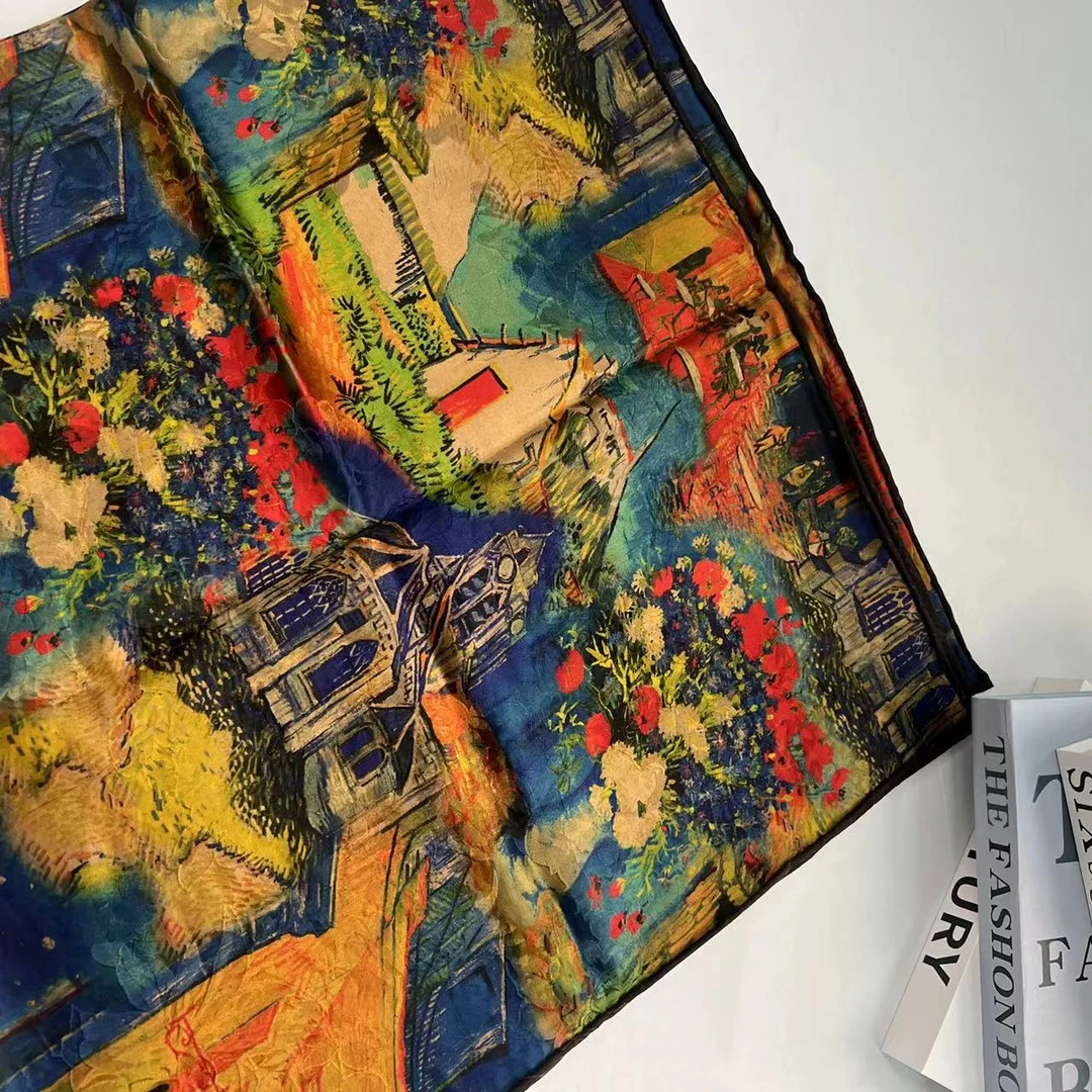 110香云纱方巾-油画山庄  湖丝大晶花萝105cm丝巾