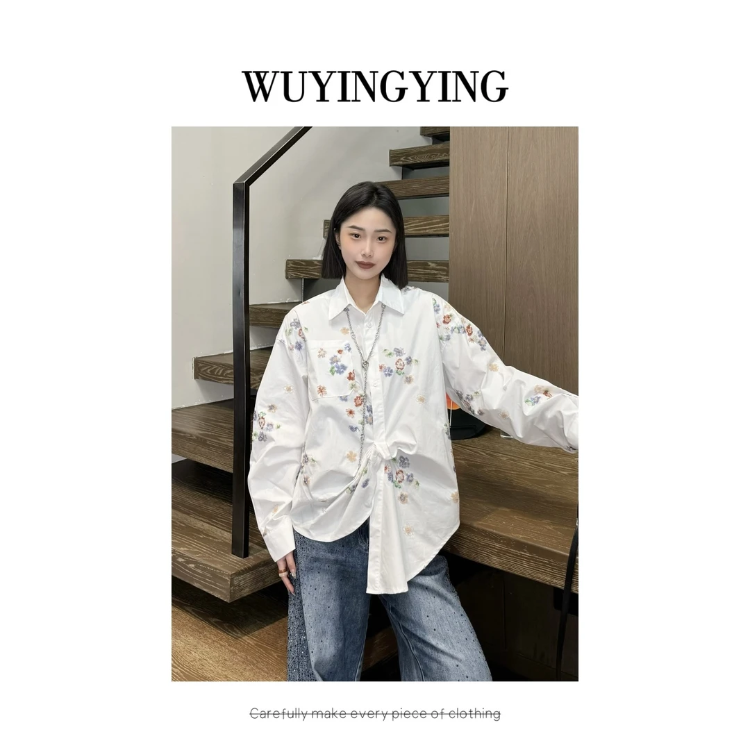 WUYINGYING【花语衬衫】欧货高定亮片刺绣花朵设计蝴蝶结衬衫