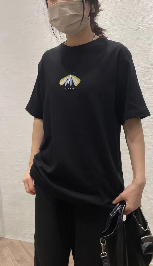 短袖圆领蝴蝶印花常规宽松T恤ol白色森系千金风