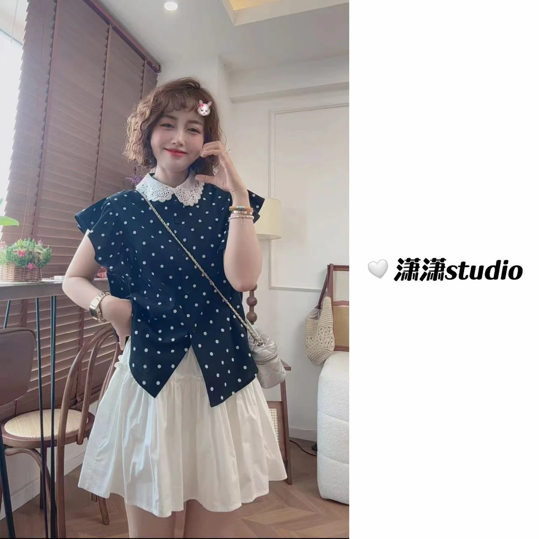 【元气波点】【显瘦】【凉快】潇潇自制蕾丝领飞飞袖韩系半袖衬衣XS2472