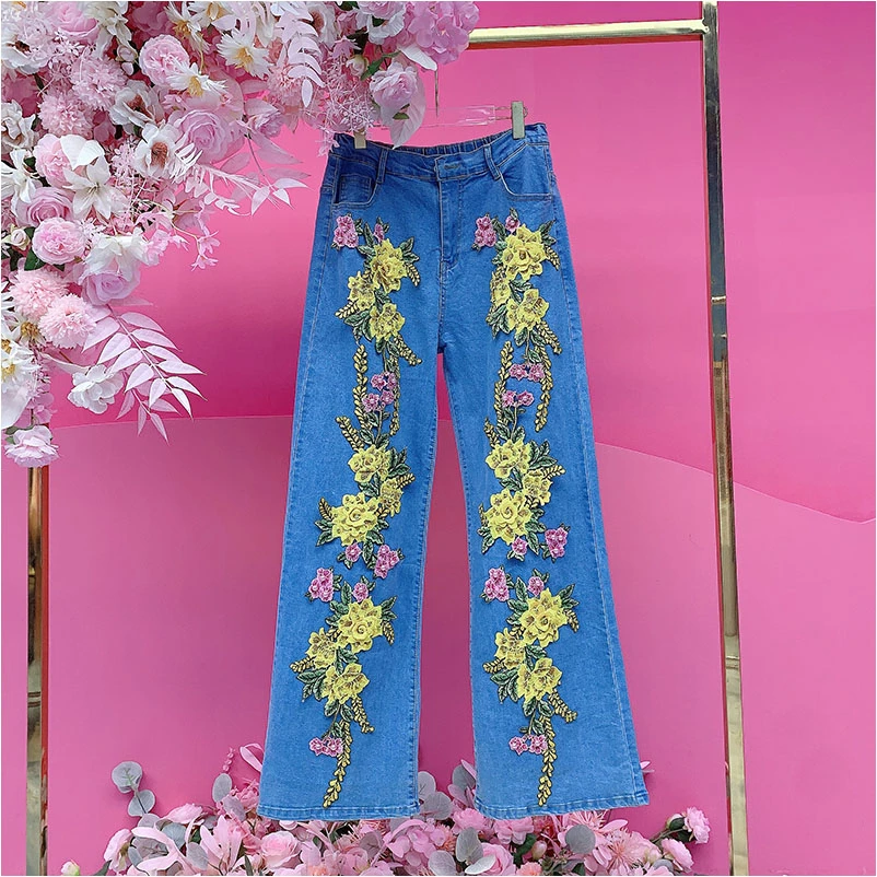 X22803欧美设计师2025冬季新款重工刺绣花钉珠直筒时尚休闲牛仔裤