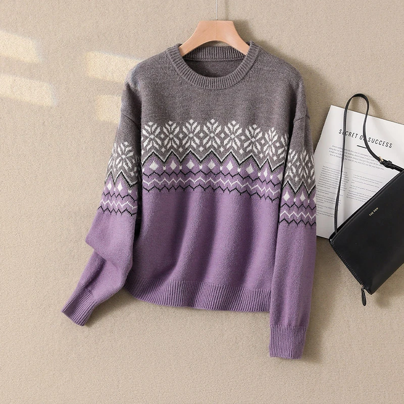 0669*宽松时尚拼色套头针织衫女装洋气圆领外穿长袖针织上衣