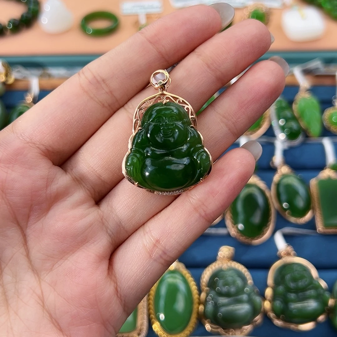和田玉（碧玉）18K金镶嵌吊坠(不含链)