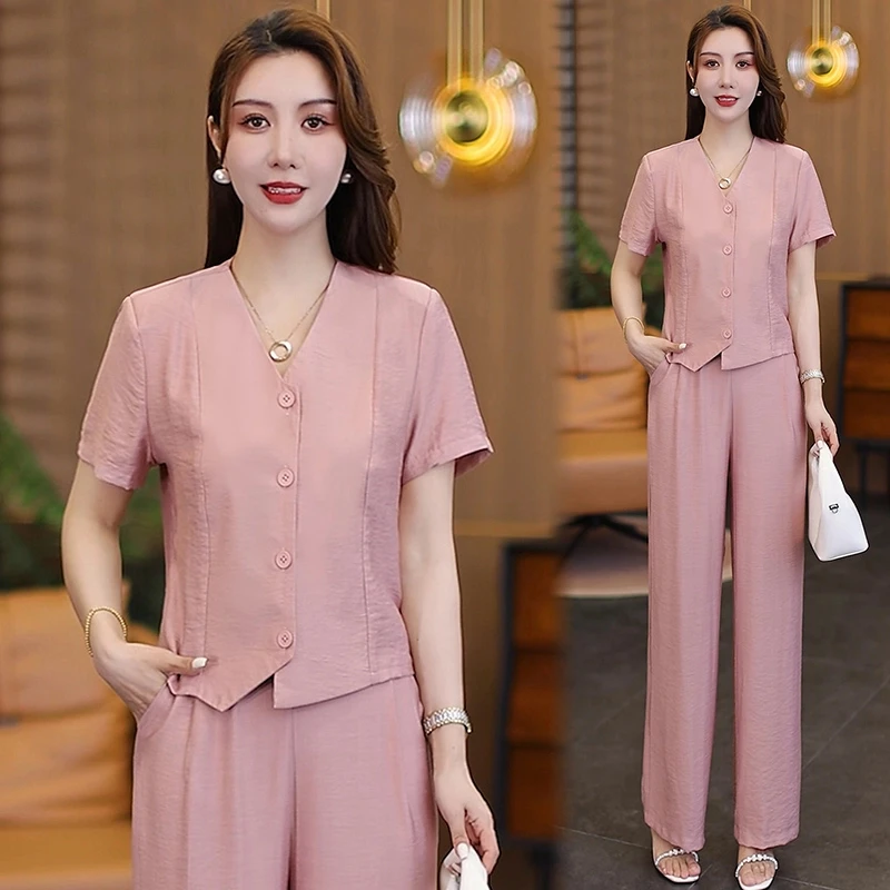时尚套装夏季洋气气质显瘦小个子休闲减龄女神范短袖直筒裤两件套