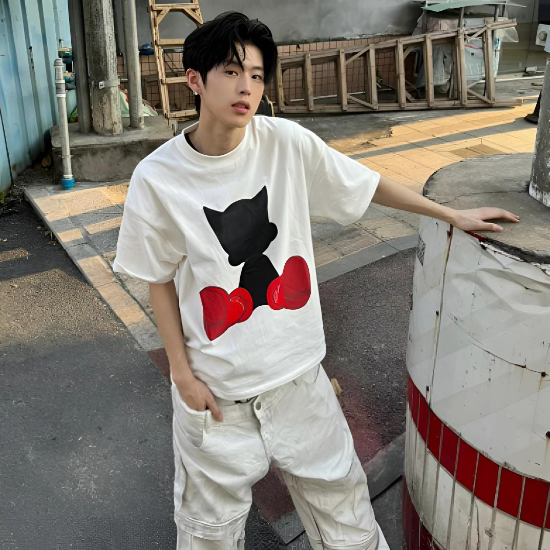 vintage重磅美式阿童木印花复古纯棉白色短袖T恤潮牌男女装款大码